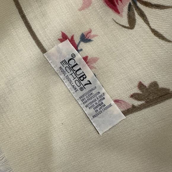 Club 7 Echo Vintage 90s Wool Scarf Cream Pink Floral Square Cottage - Picture 5 of 5